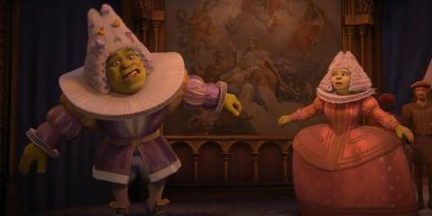 shrek and fiona in uncomfortable formal dress