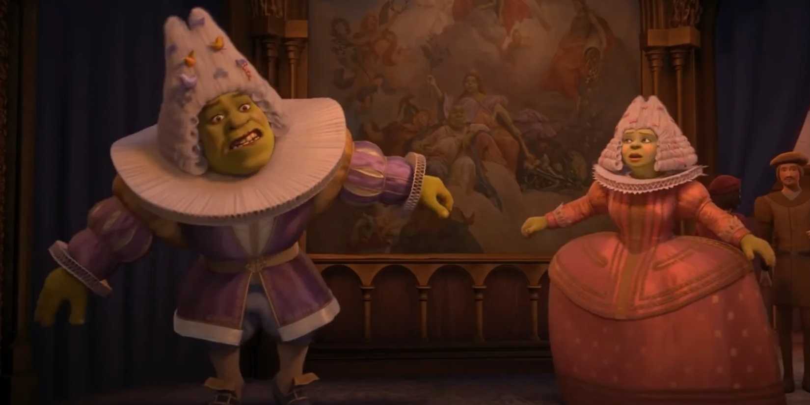 shrek and fiona in uncomfortable formal dress