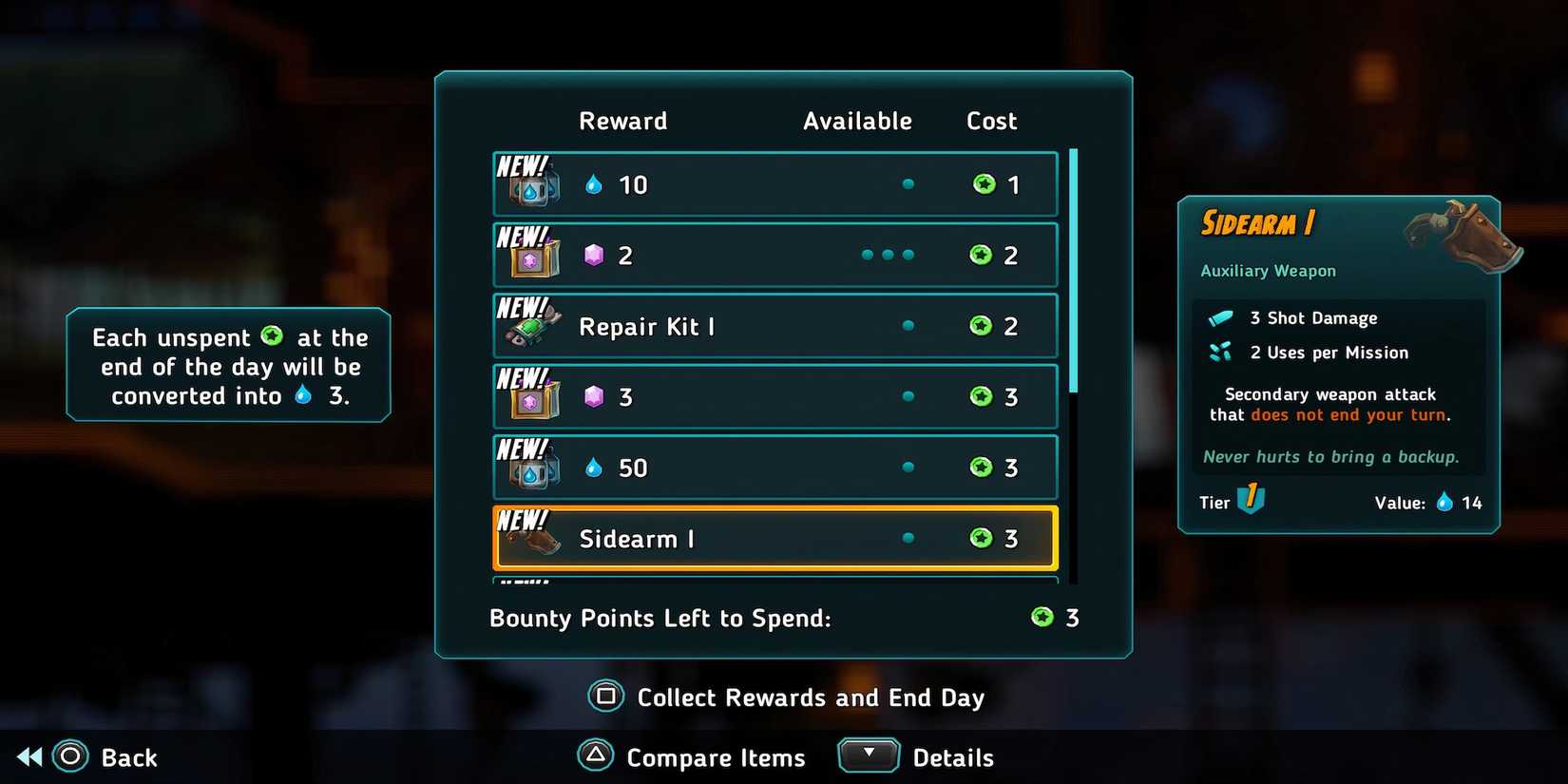 Sidearm 1 bounty reward in SteamWorld Heist 2