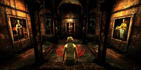 Heather Mason standing in a room full of portraits with a red symbol on the ground in Silent Hill 3