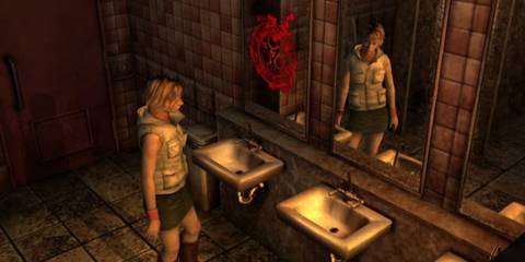 Heather Mason standing in a bathroom and looking at a red symbol in Silent Hill 3