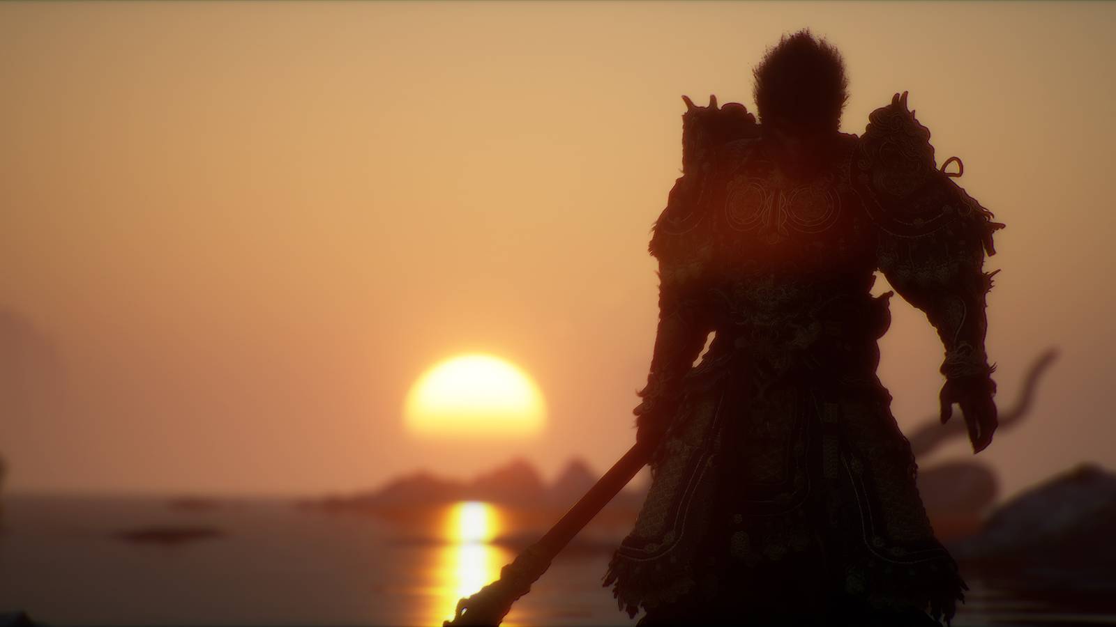 Silhouette of the Destined One and a sunset in Black Myth Wukong