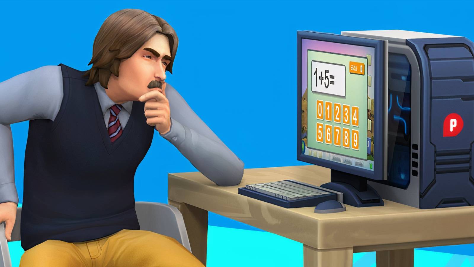 A Sim from Sims 4 on a computer