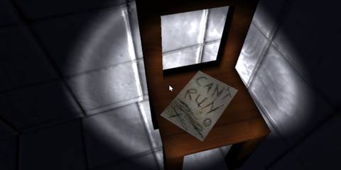 A note saying 'Can't Run' laying on a wooden chair