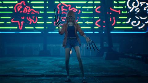 slitterhead girl with long fingers and a neon mask