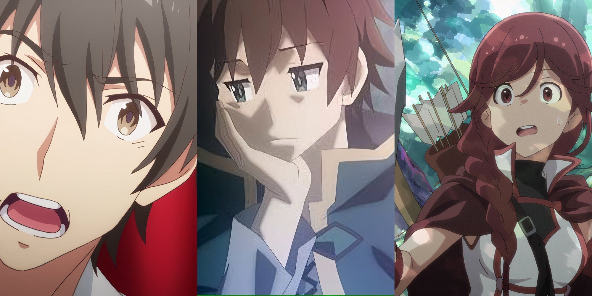 A split image of Soma Hero That Saved The Kingdom, Konosuba, and Grimgar Of Ashes And Fantasy