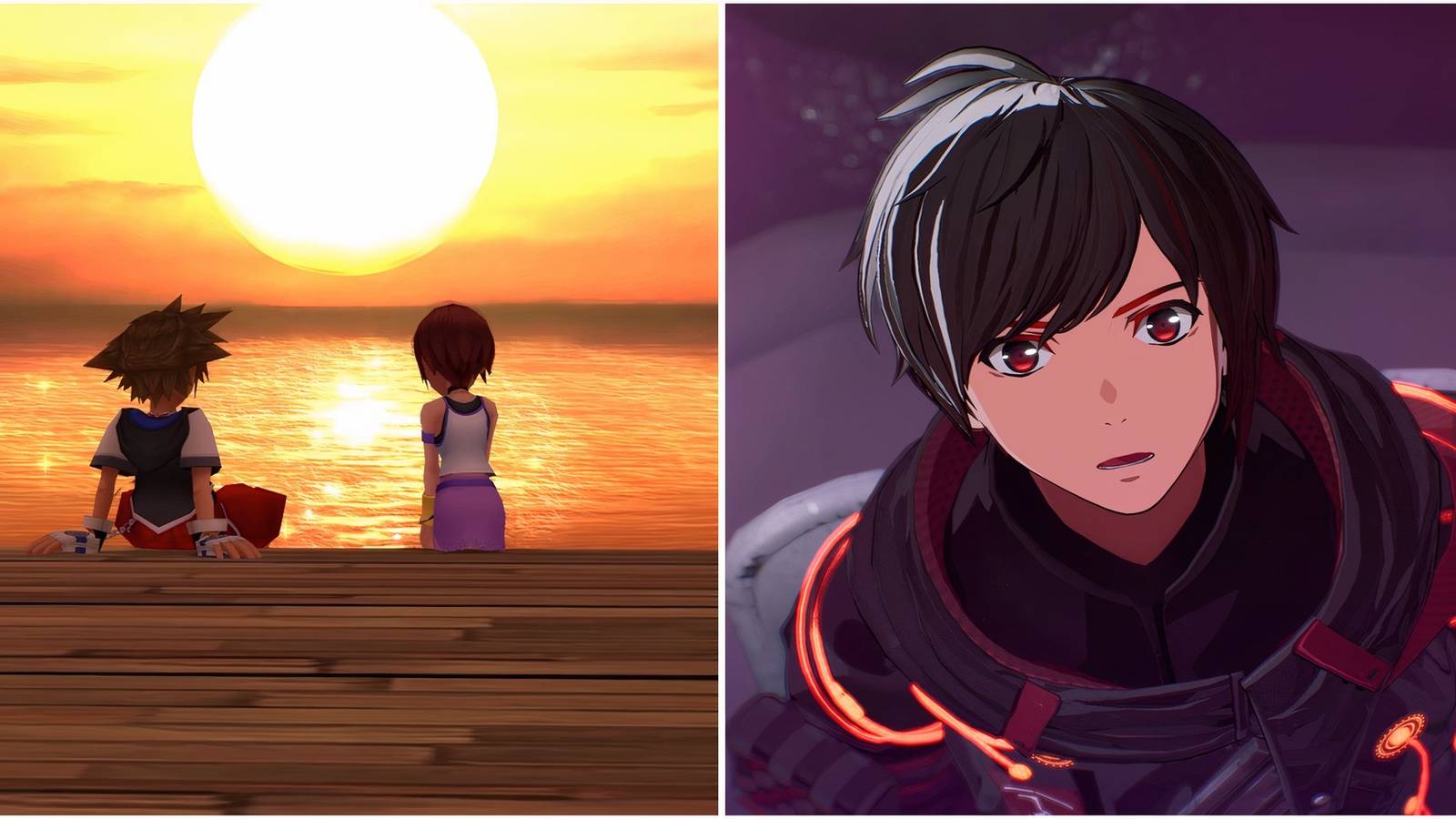 Sora and Kairi looking at a sunset in Kingdom Hearts and Yuito in Scarlet Nexus