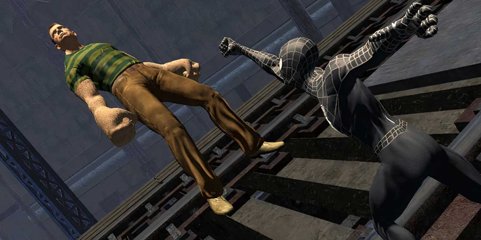 Black suited Spider-Man knocking out Sandman in Spider-Man 3