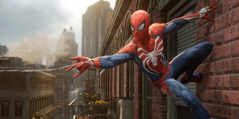 Spiderman Clinging To A Wall In Manhattan While Firing His Web To Another Surface in Marvel's Spider-Man 2