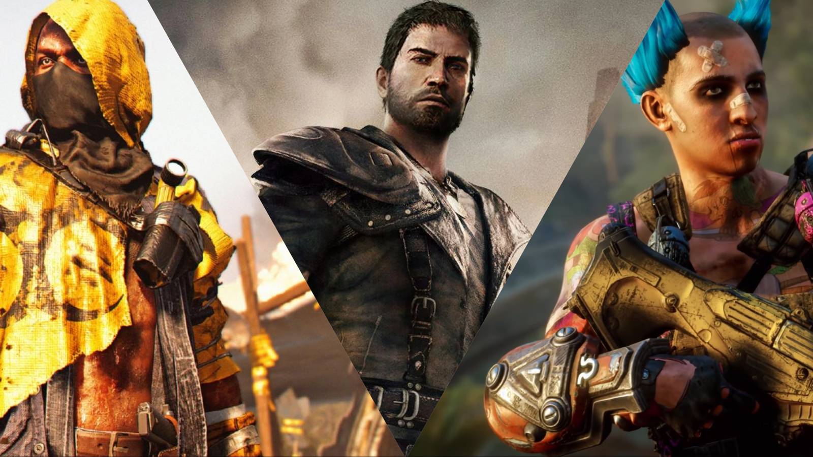 Split image of an enemy from The Division 2, Max Rockatansky from Mad Max, and a Goon from Rage 2