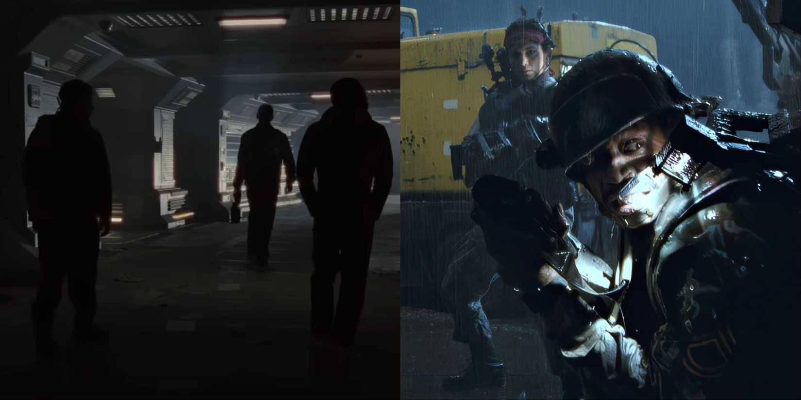 Split image of characters exploring derelict locations in Alien Romulus and Aliens
