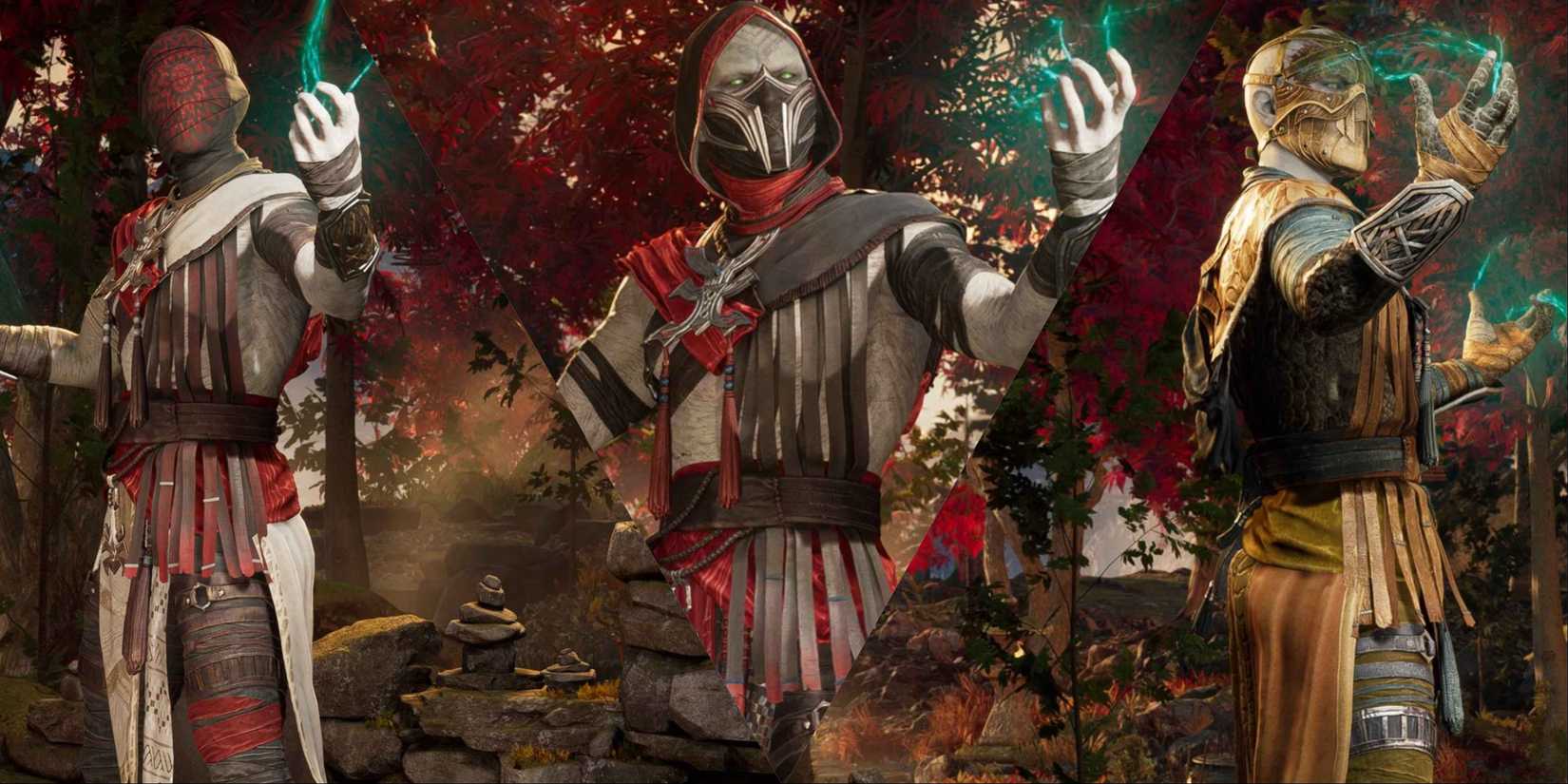 Split image of Ermac in various palettes in Mortal Kombat 1