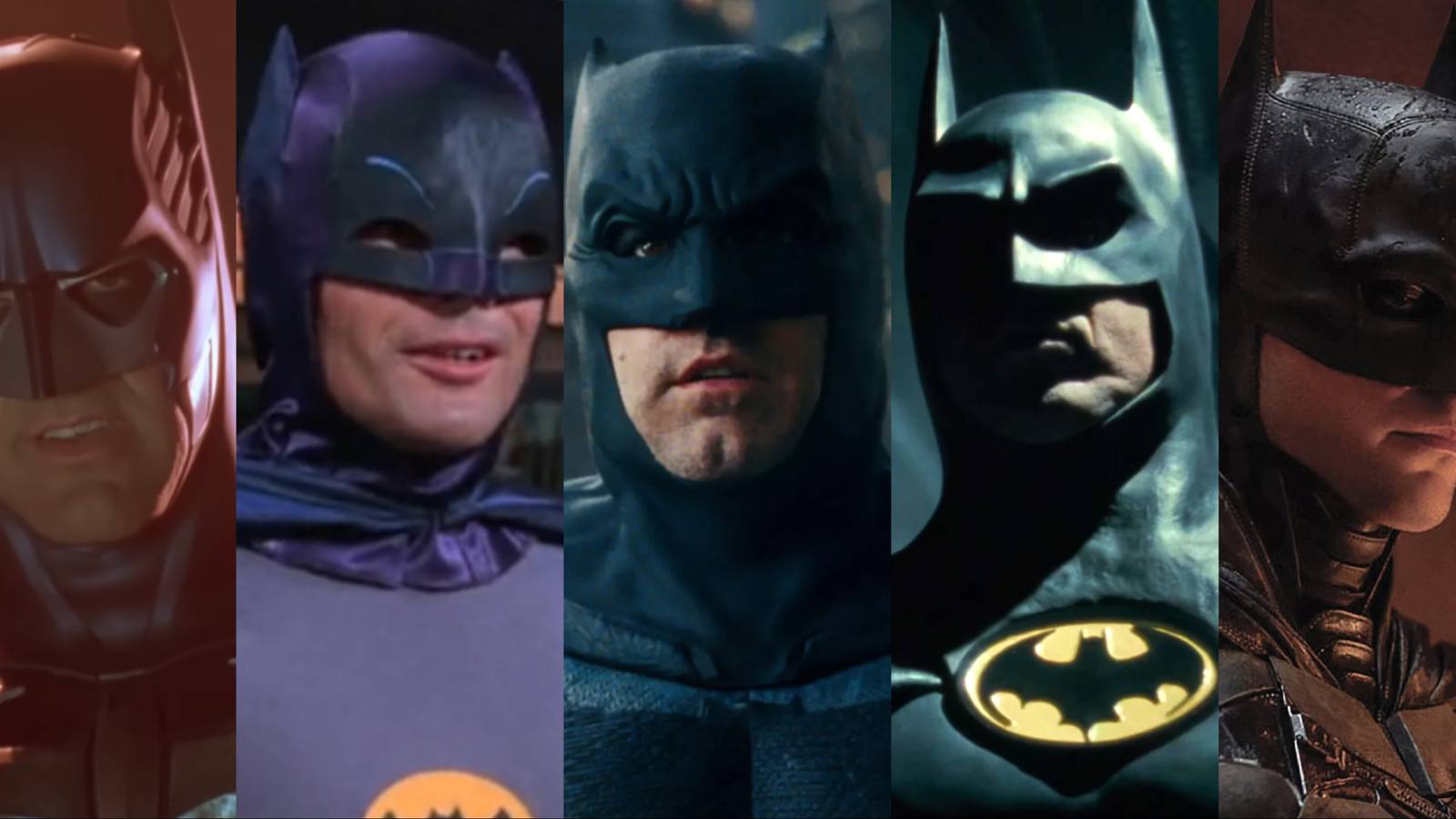Split image of George Clooney, Adam West, Ben Affleck, Michael Keaton, and Robert Pattinson as Batman