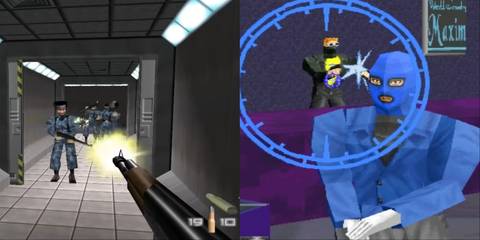 Split image of GoldenEye 007 and Virtua Cop 2