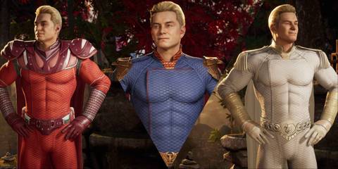 Split image of Homelander in various palettes in Mortal Kombat 1