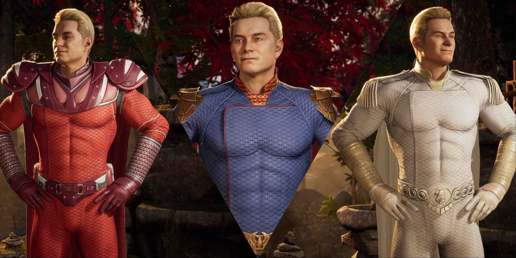 Split image of Homelander in various palettes in Mortal Kombat 1