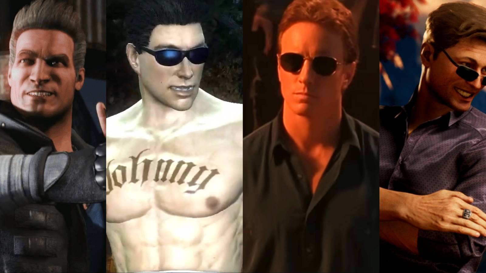 Split image of Johnny Cage in Mortal Kombat X, Mortal Kombat 9, Mortal Kombat 1995, and Mortal Kombat 1