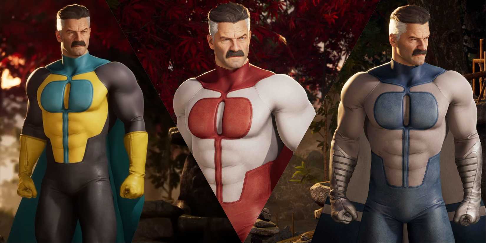 Split image of Omni-Man in various palettes in Mortal Kombat 1