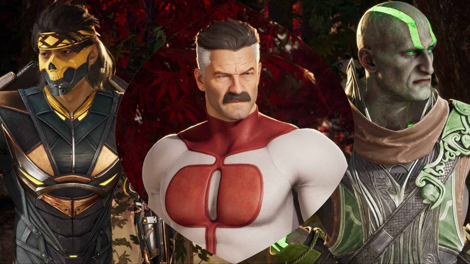 Split image of Omni-Man, Takeda, and Quan Chi in various palettes in Mortal Kombat 1