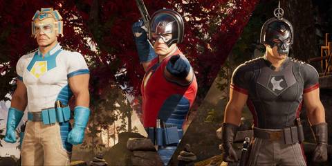 Split image of Peacemaker in various palettes in Mortal Kombat 1