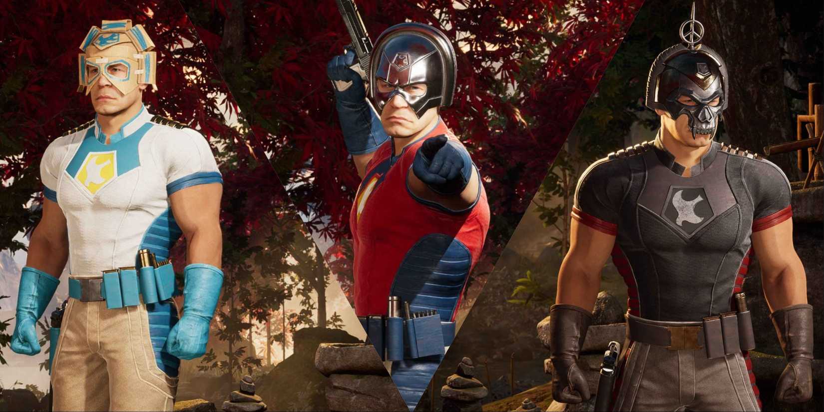 Split image of Peacemaker in various palettes in Mortal Kombat 1