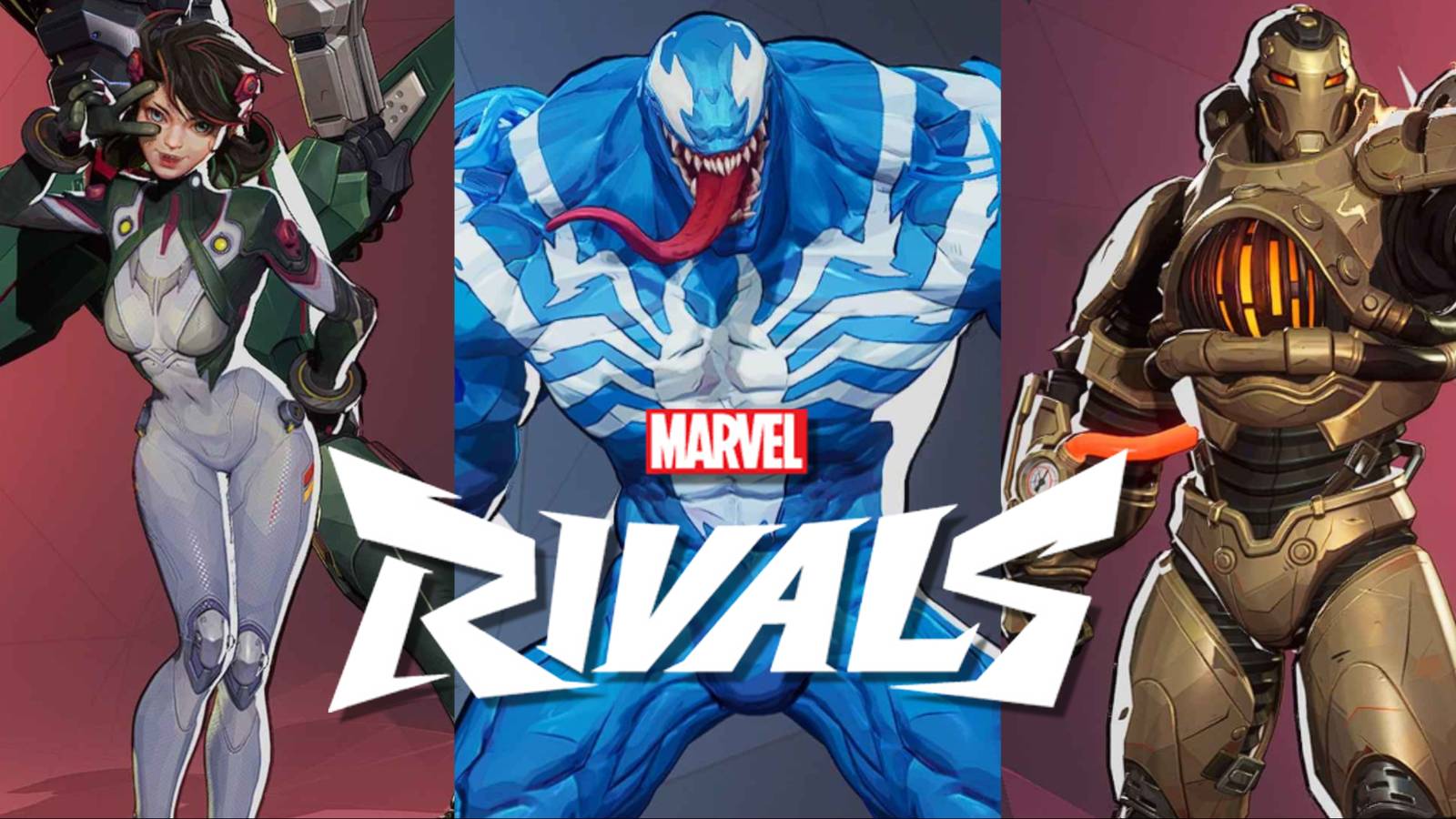 Split image of Peni Parker, Venom, and Iron Man in their alternate skins in Marvel Rivals