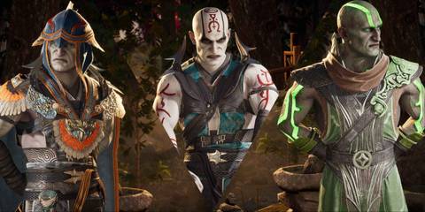 Split image of Quan Chi in various palettes in Mortal Kombat 1