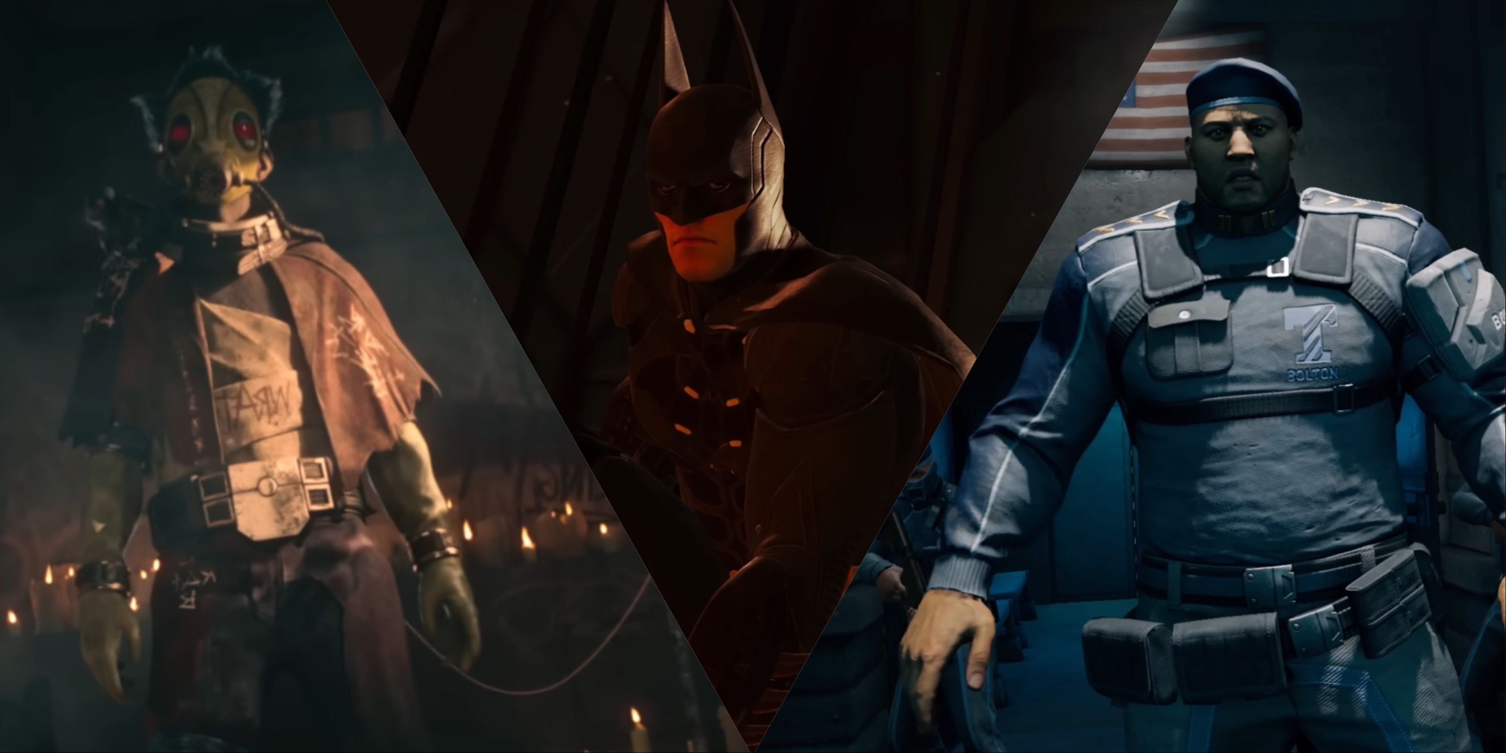 Split image of Ratcatcher, Batman, and Lock-Up in Batman Arkham Shadow