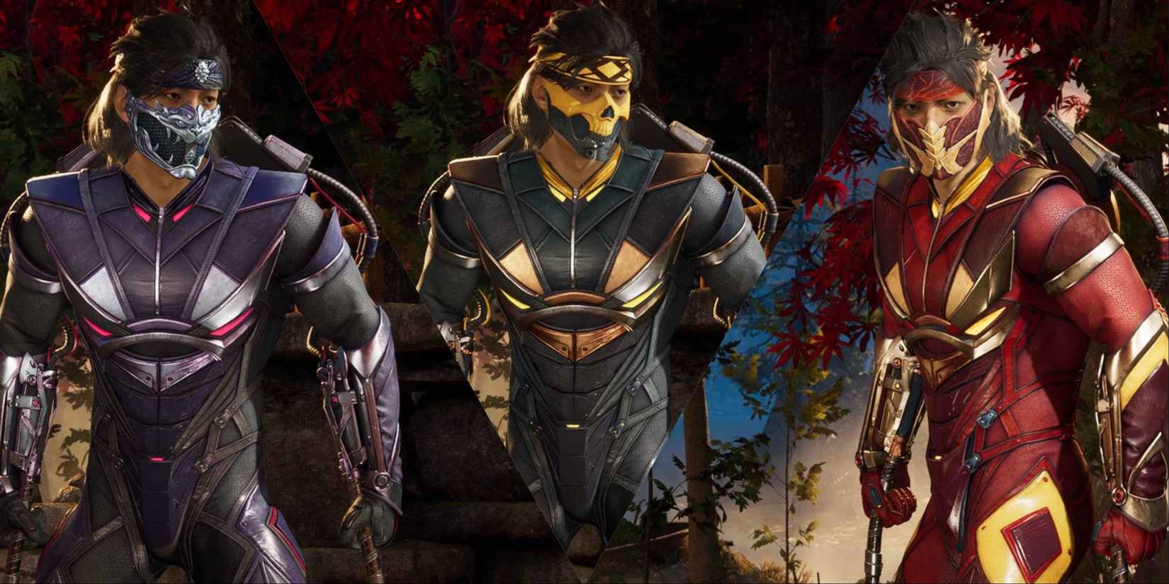 Split image of Takeda in various palettes in Mortal Kombat 1