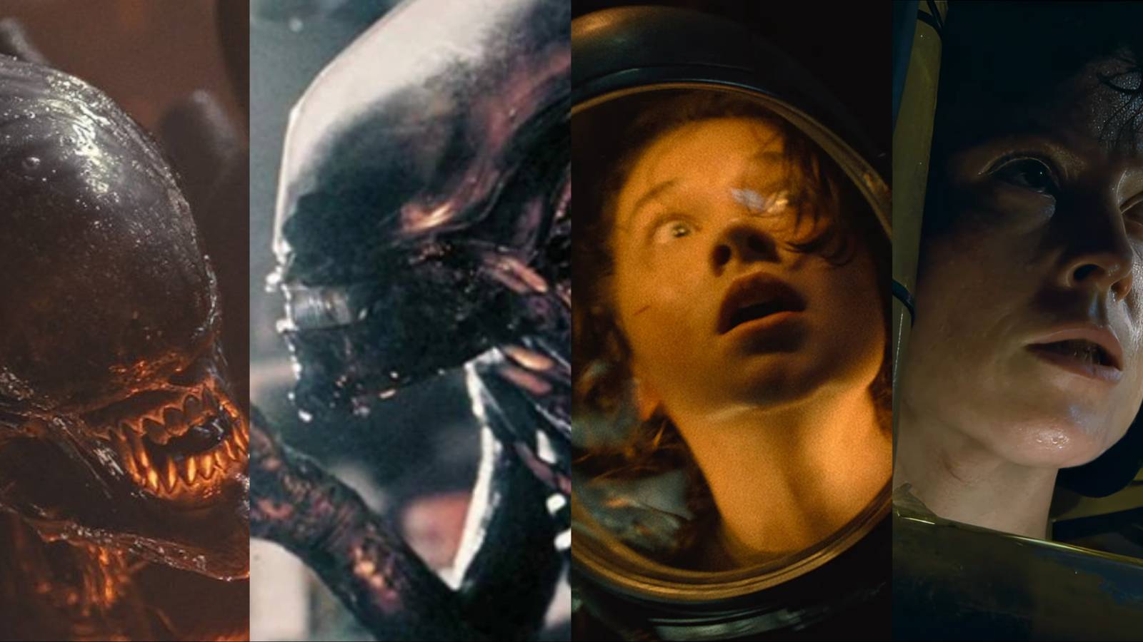 Split image of Xenomorphs and characters from the Alien franchise