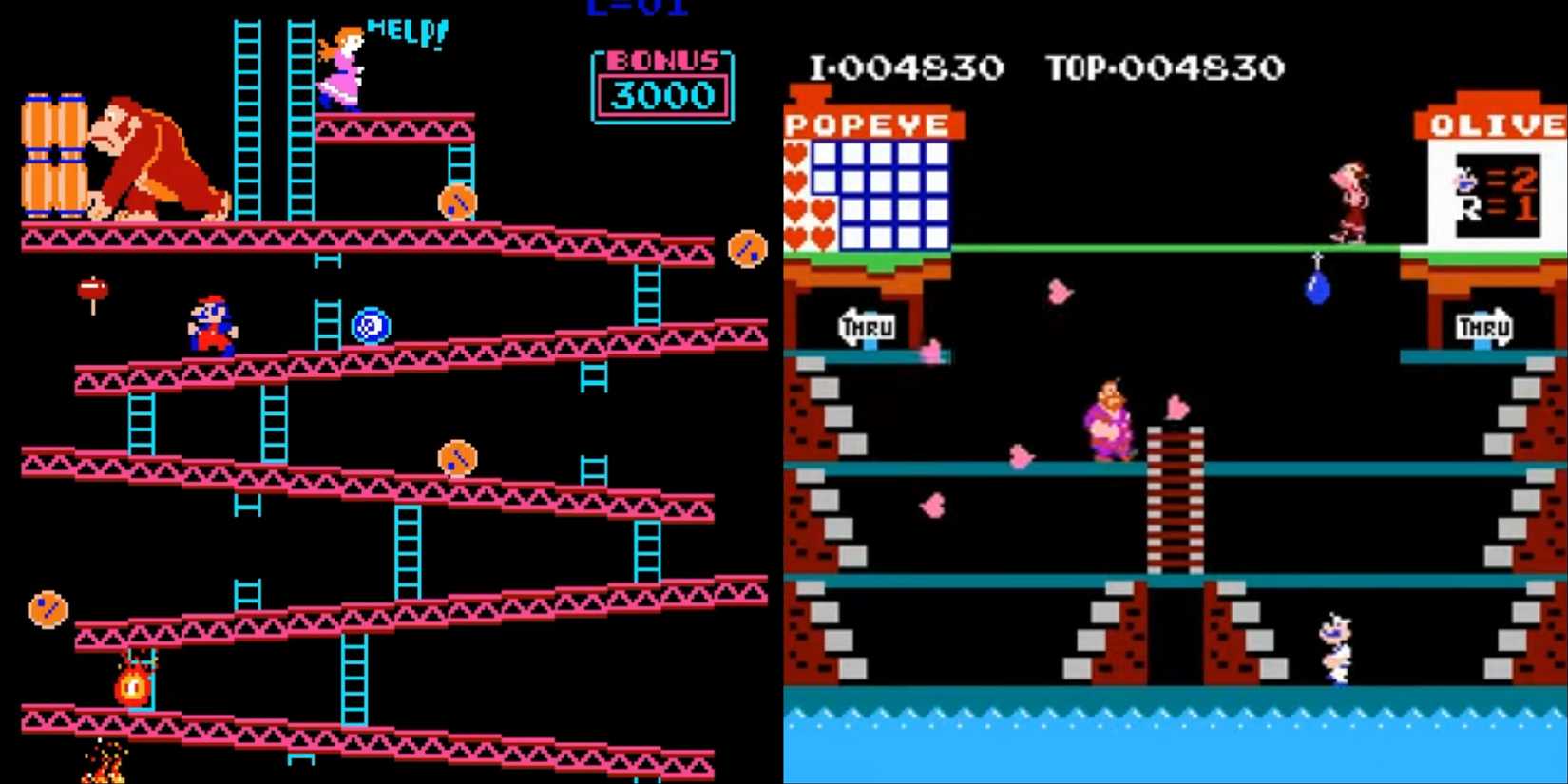 Split image of Donkey Kong and Popeye
