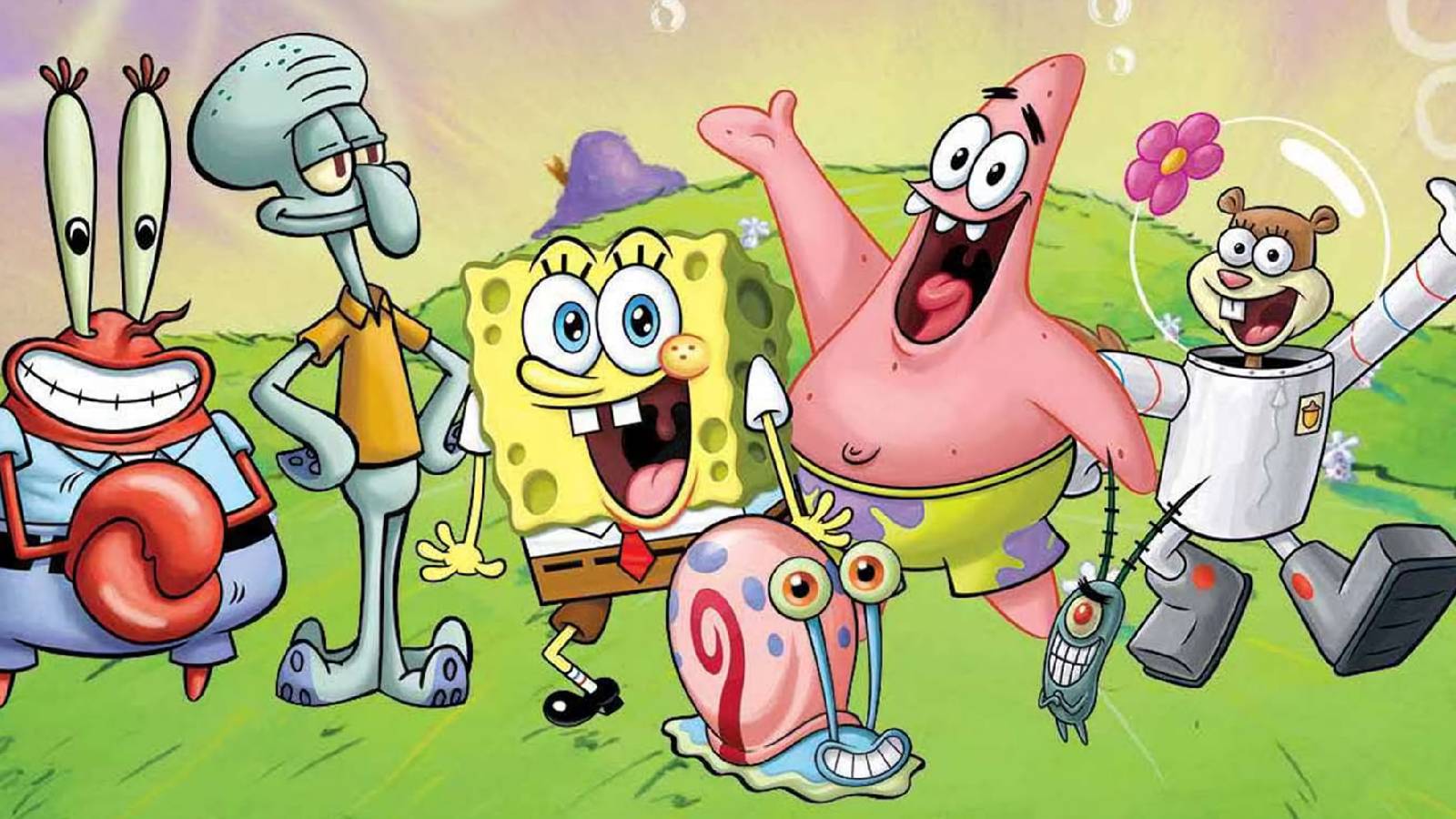 A visual of the main cast of SpongeBob SquarePants showing Mr. Krabs, Squidward, SpongeBob, Gary, Patrick, and Sandy.
