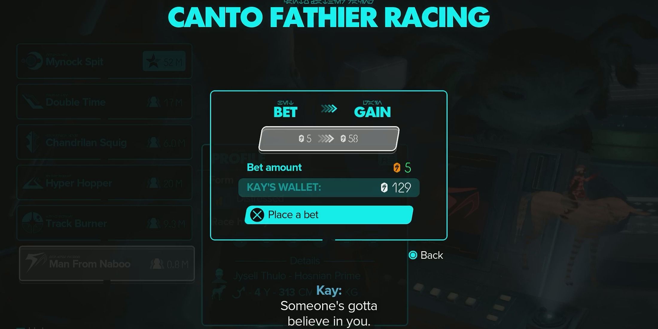 star wars outlaw betting amount on fathier race