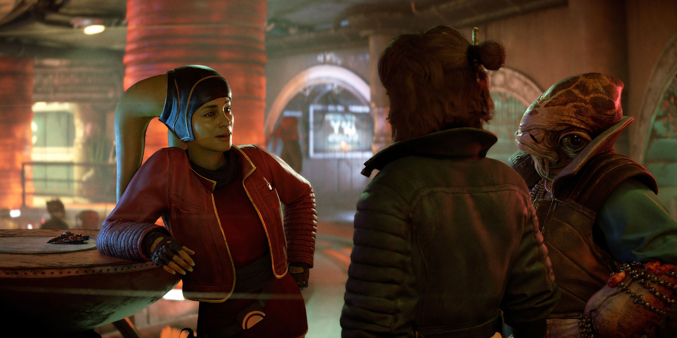 Star Wars Outlaws Kay talking to a Twi'lek character