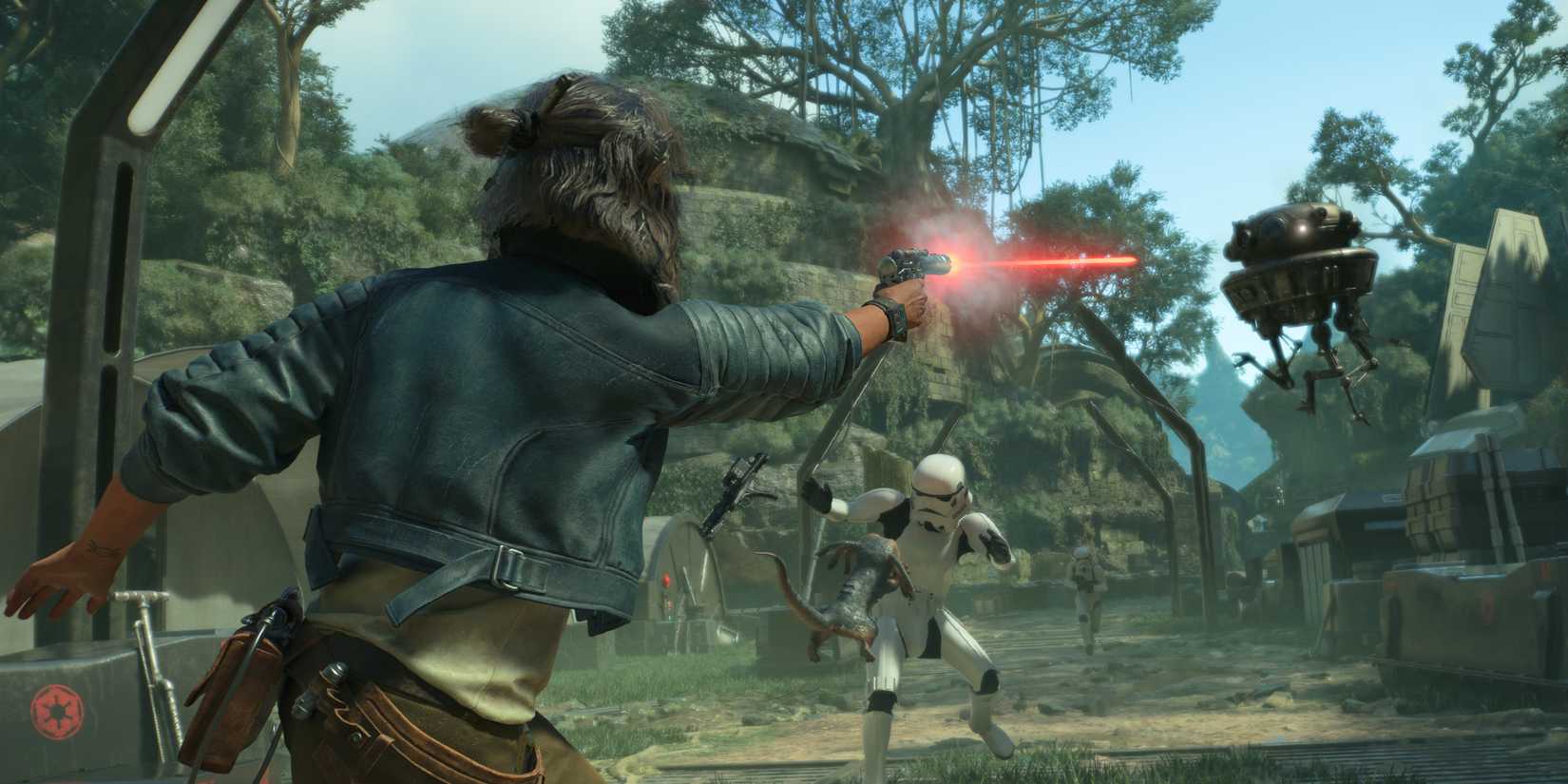 star wars outlaws kay vess shooting at a robot