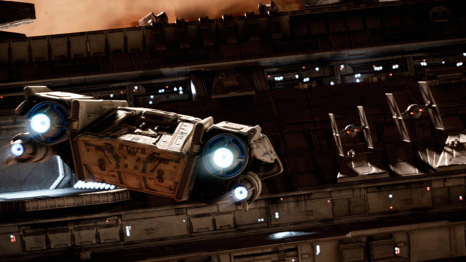 Star Wars Outlaws Trailblazer flying near Tie Fighters