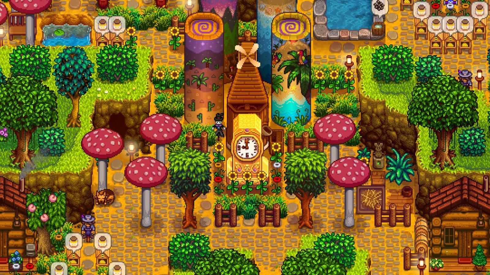 farm with golden clock, obelisks and optimized layout