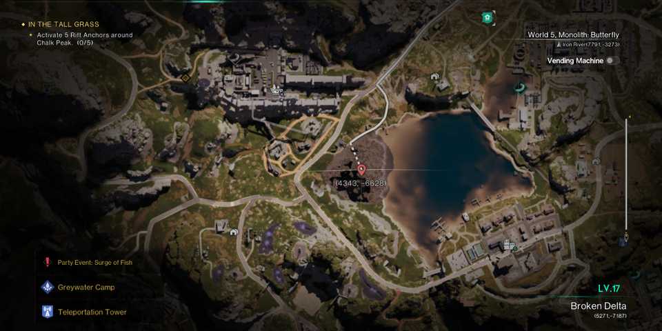 Screenshot showcasing the Startrace Ore node location near Gaia Research Center Ruin in Once Human 