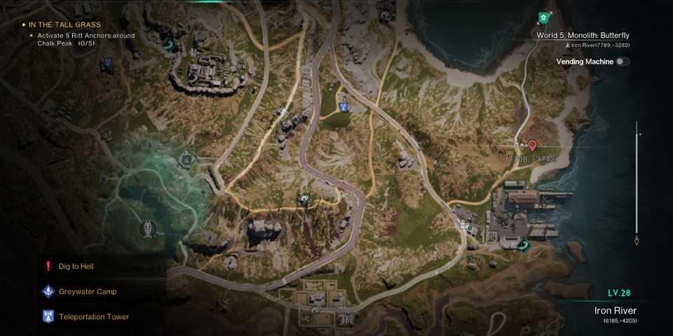 Screenshot showcasing the Startrace Ore node location near Rippleby in Once Human 