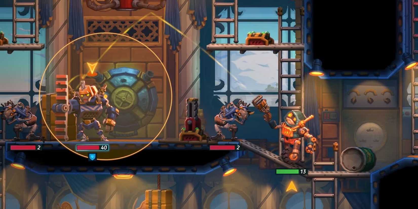 steamworld heist 2 Poe Phroggi Firing A Grenade Toward a Group Of Dieselbots