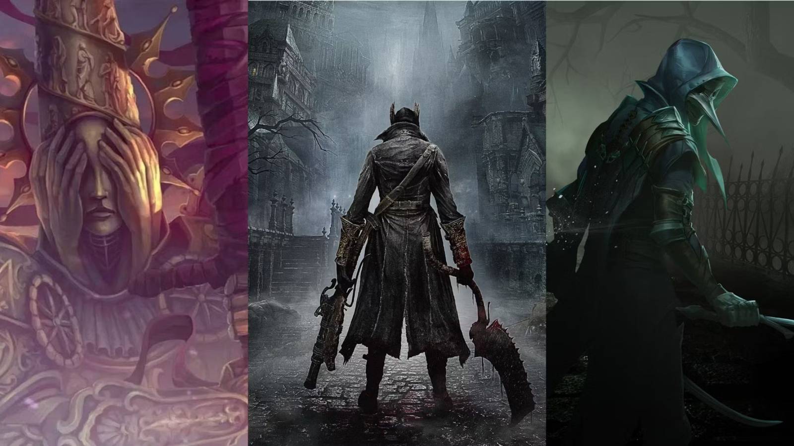 Still art from Blasphemous, Bloodborne, and Thymesia