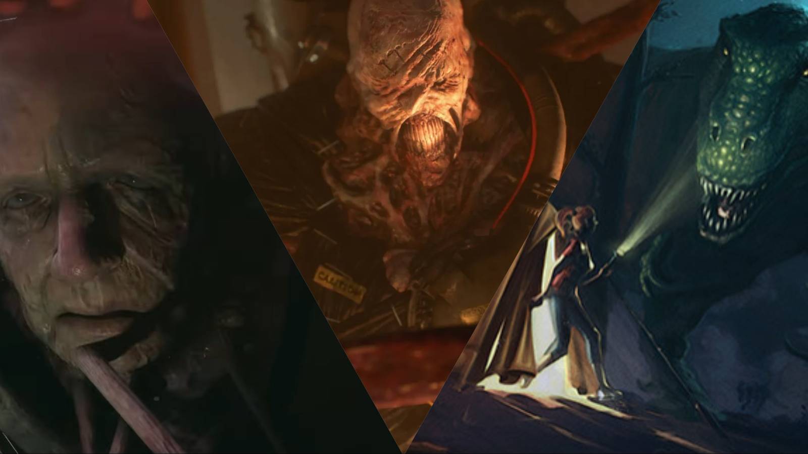 Split image of monsters from Still Wakes The Deep, Resident Evil 3, and Oakwood