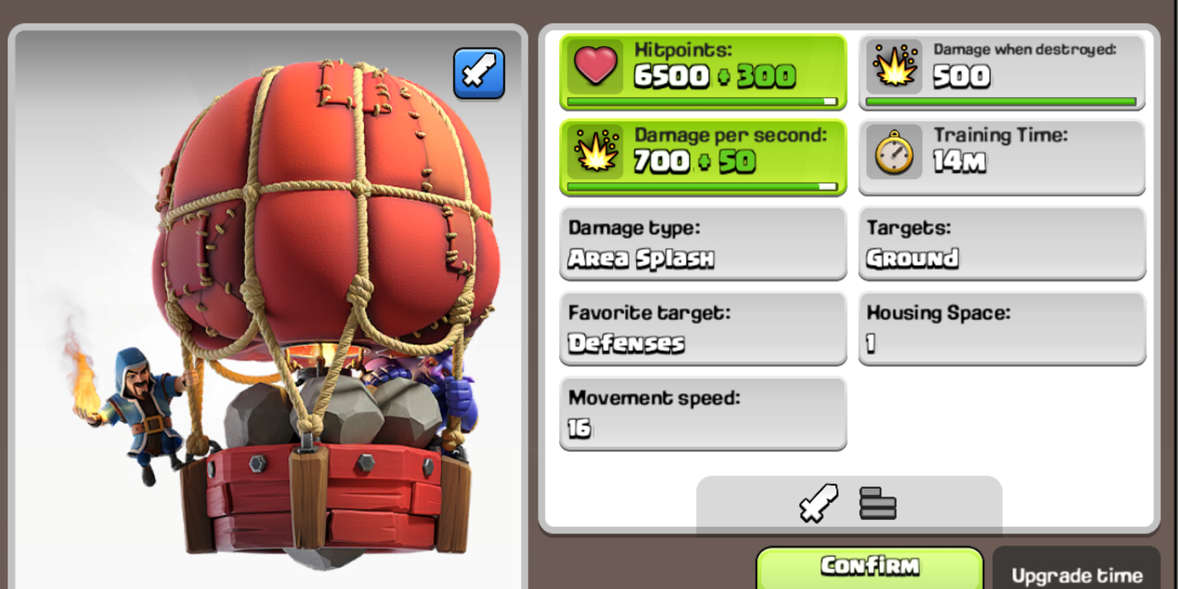 Stone Slammer balloon with a Wizard and Bowler on it beside a display of its statistics in Clash of Clans