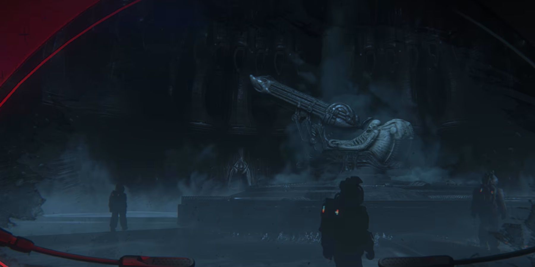 The crew standing in front of the space jockey in Alien: Isolation