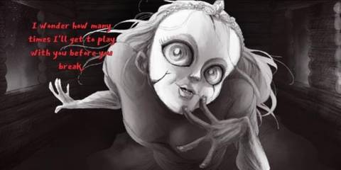 A princess with a baby doll face staring into the camera, the writing says 'I wonder how many times I'll get to play with you before you break.'