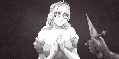 Slay The Princess - A princess looking scared with big, pleading eyes while the player wields a dagger