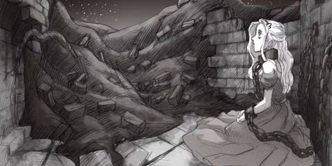 Slay The Princess - A princess sitting chained up next to a pile of rubble