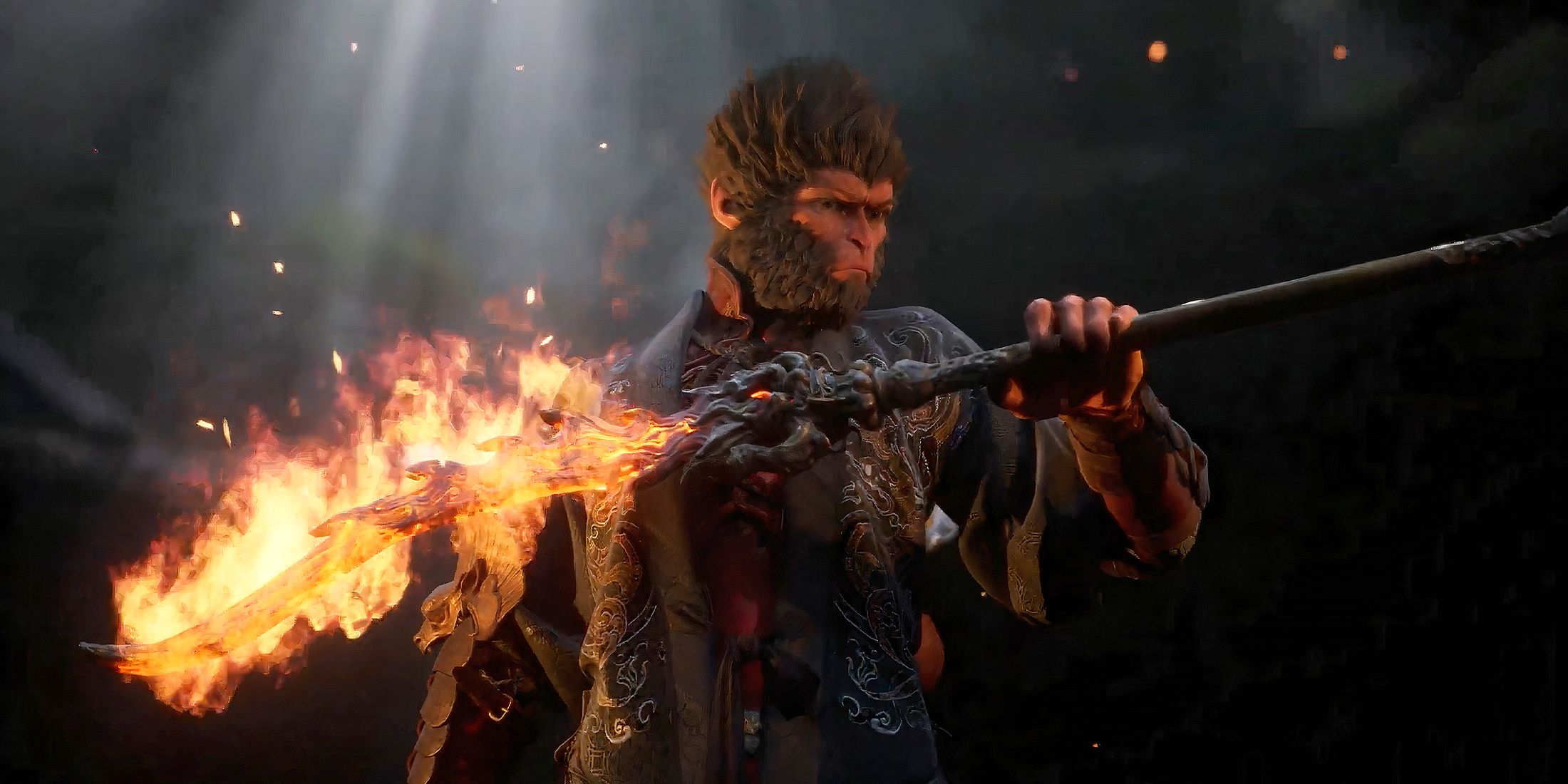 Sun Wukong holding Guangzhi's staff in Black Myth Wukong