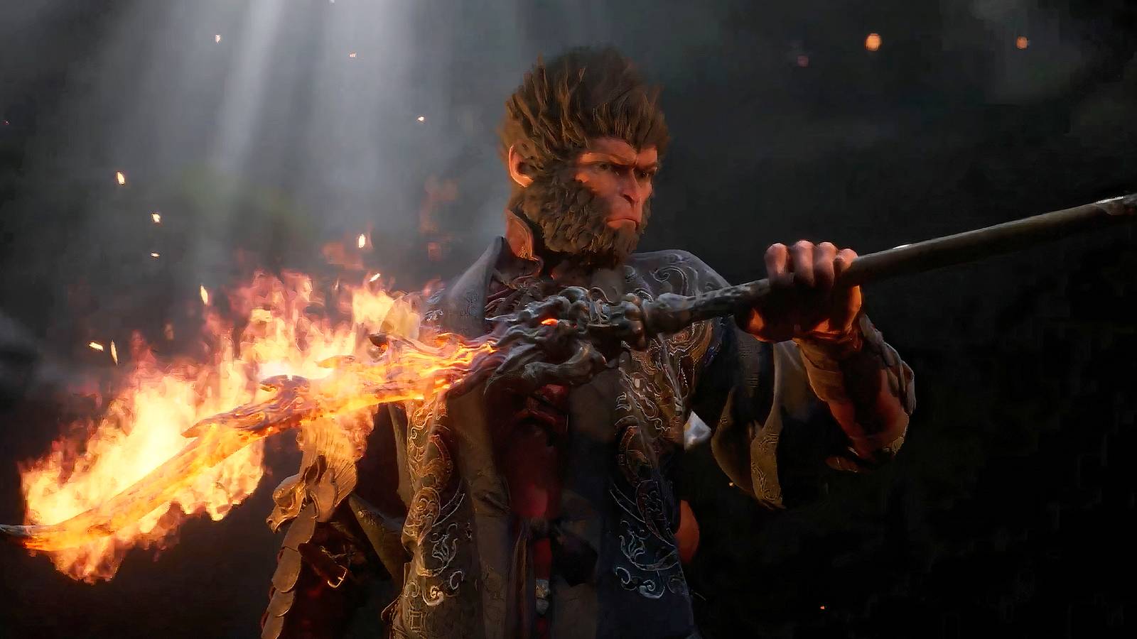 Sun Wukong holding Guangzhi's staff in Black Myth Wukong