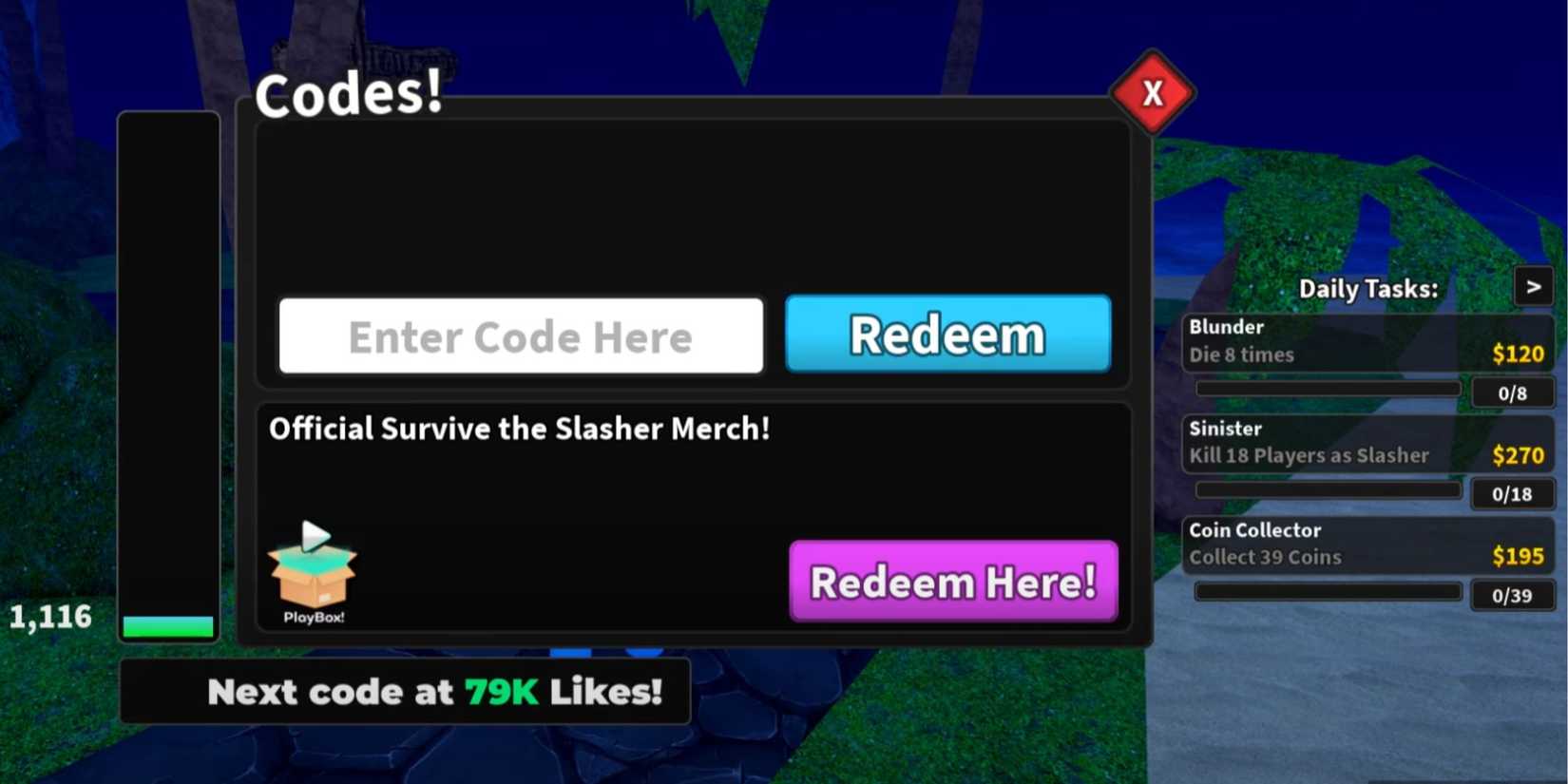 Survive the Slasher the codes tab